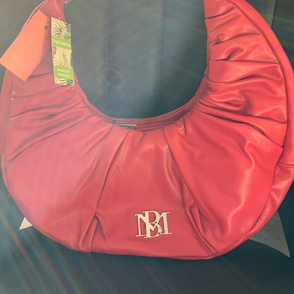 Badgley Mischka Red Crescent Hobo with Monogram Emblem